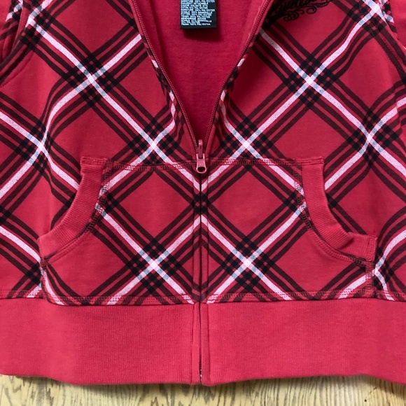 Harley-Davidson Red Plaid Hooded Biker Vest Split Zip Hood M/L Embroidered - Picture 5 of 14